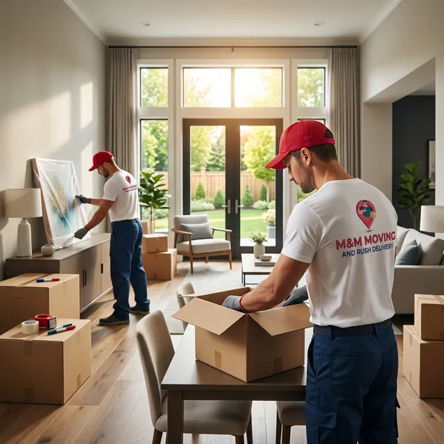 M&M Moving truck loading furniture in Mississauga residential area